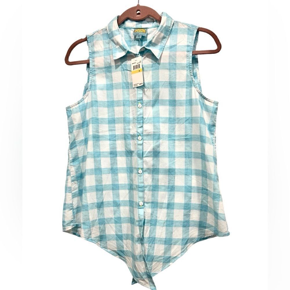 NWT C&C California sleeveless front tied plaid Maui blue shirt size M
